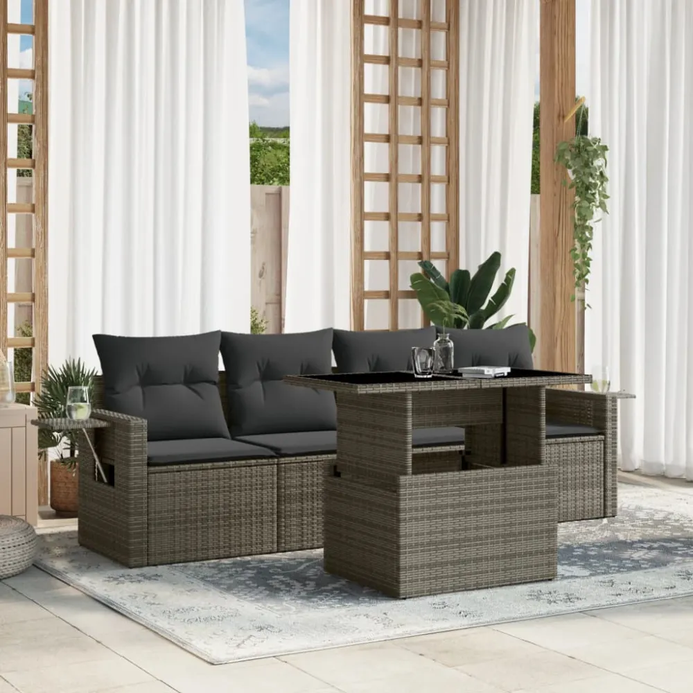 5-delige Loungeset met kussens poly rattan grijs vidaXL