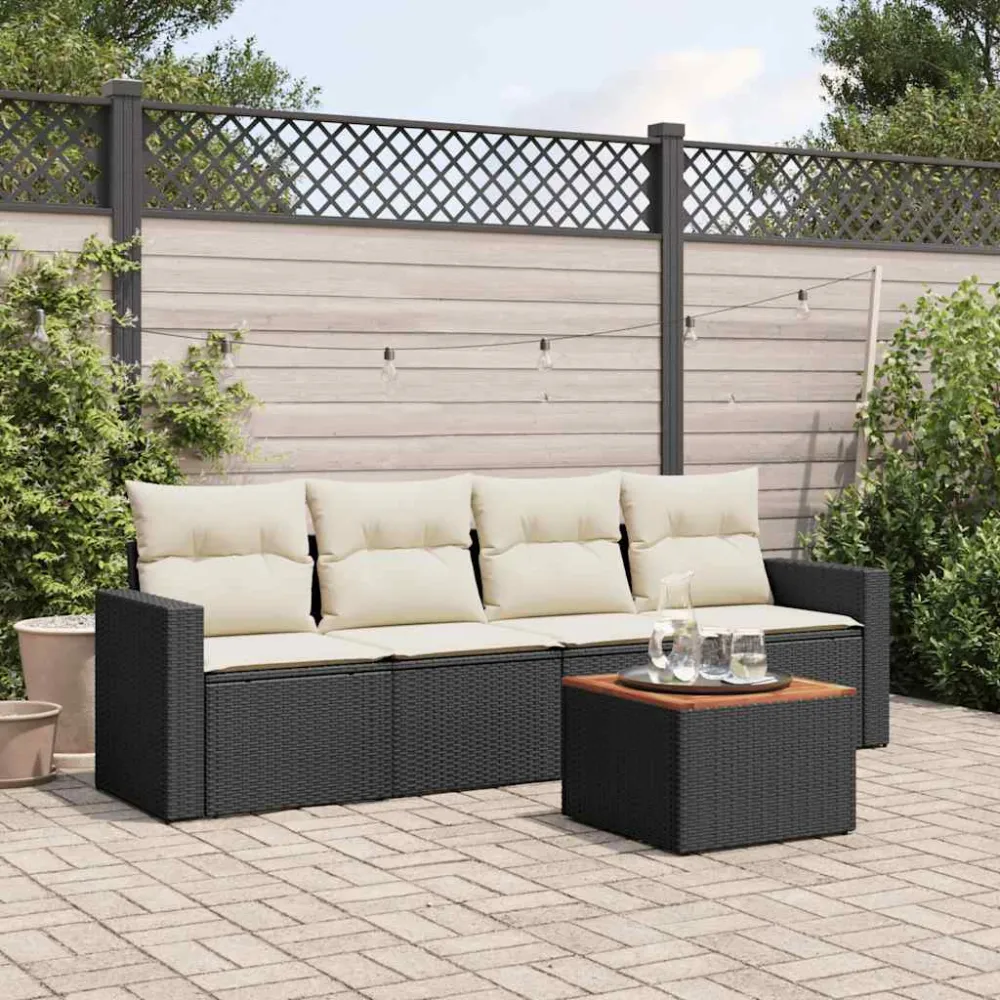 5-delige Loungeset met kussens poly rattan zwart vidaXL