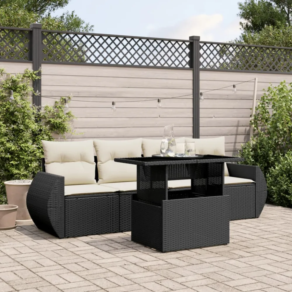 5-delige Loungeset met kussens poly rattan zwart vidaXL