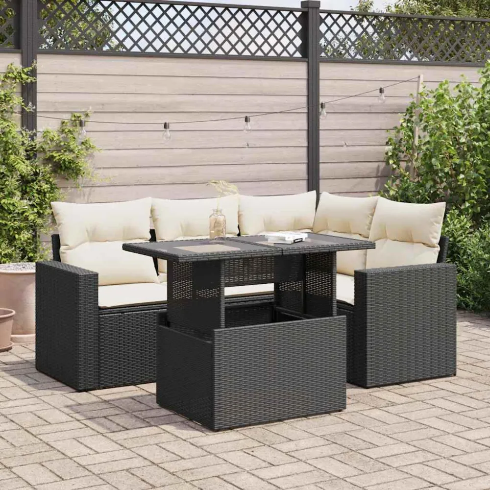 5-delige Loungeset met kussens poly rattan zwart vidaXL