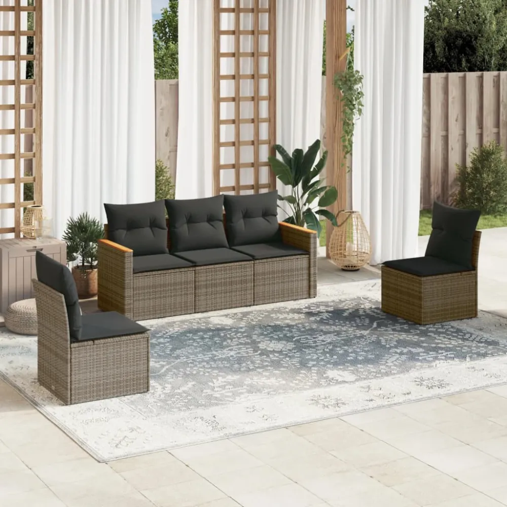 5-delige Loungeset met kussens poly rattan grijs vidaXL