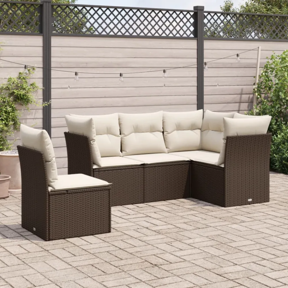 5-delige Loungeset met kussens poly rattan bruin vidaXL