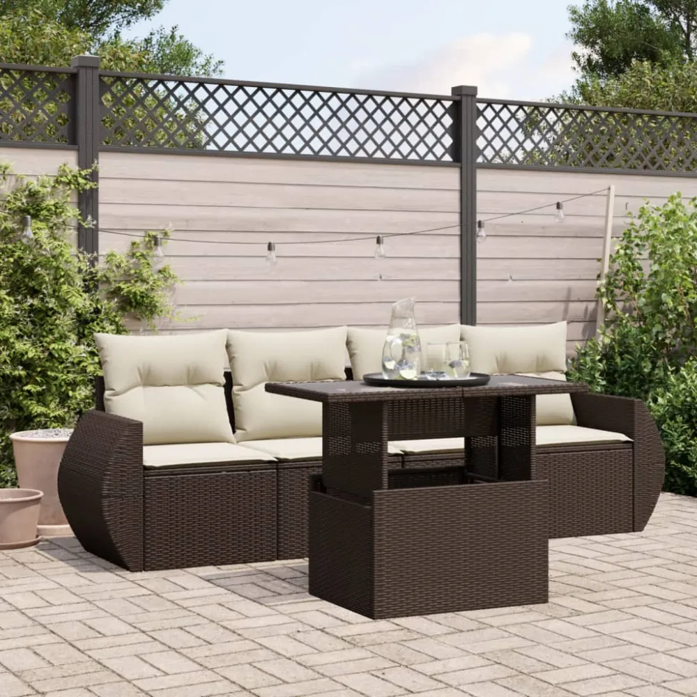 5-delige Loungeset met kussens poly rattan bruin vidaXL