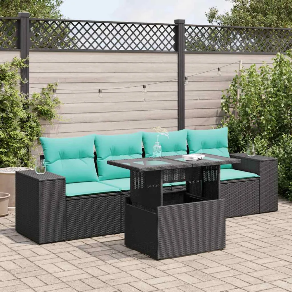 5-delige Loungeset met kussens poly rattan acacia zwart vidaXL