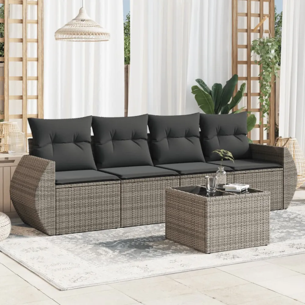 5-delige Loungeset met kussens poly rattan grijs vidaXL