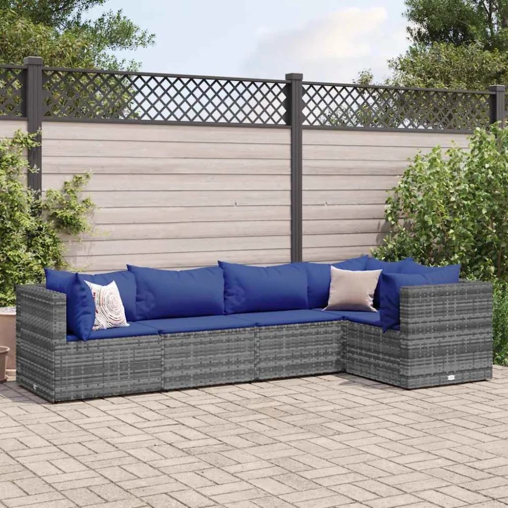 5-delige Loungeset met kussens poly rattan grijs vidaXL