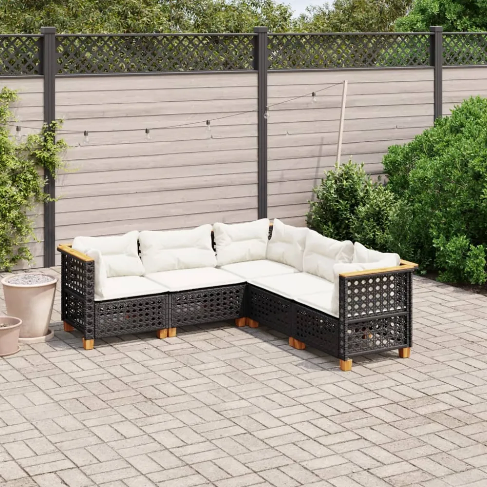 5-delige Loungeset met kussens poly rattan zwart vidaXL