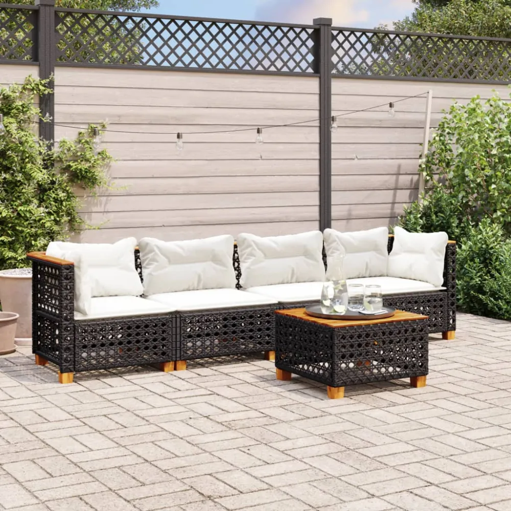 5-delige Loungeset met kussens poly rattan zwart vidaXL