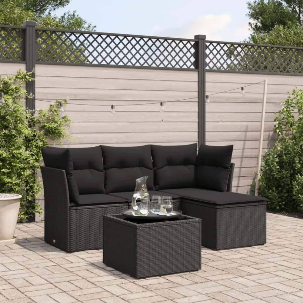 5-delige Loungeset met kussens poly rattan zwart vidaXL