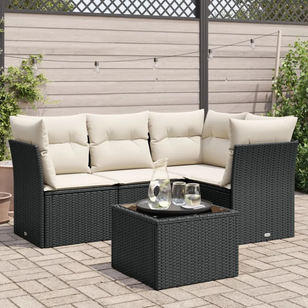 5-delige Loungeset met kussens poly rattan zwart vidaXL