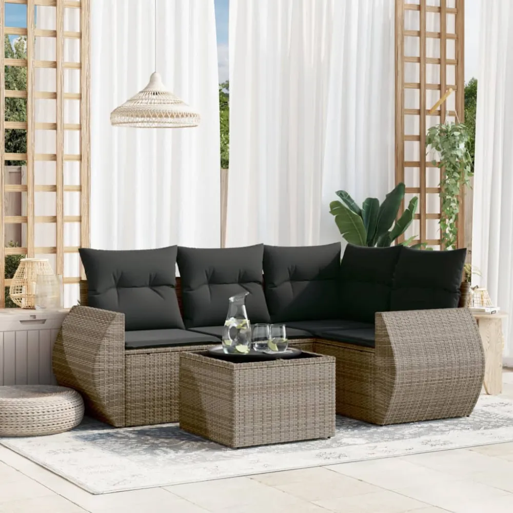 5-delige Loungeset met kussens poly rattan grijs vidaXL