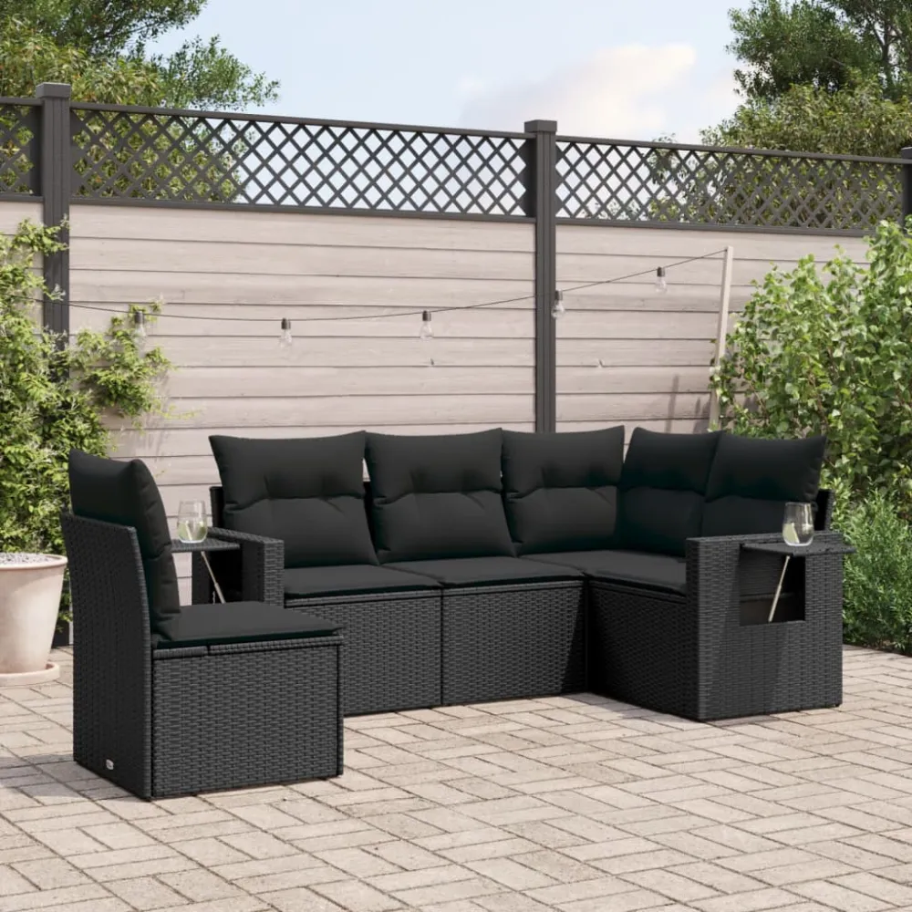 5-delige Loungeset met kussens poly rattan zwart vidaXL