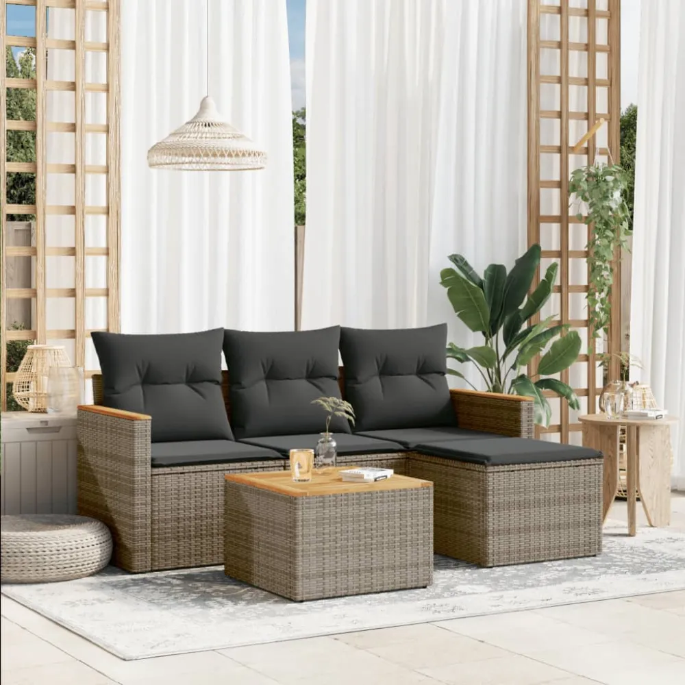 5-delige Loungeset met kussens poly rattan grijs vidaXL