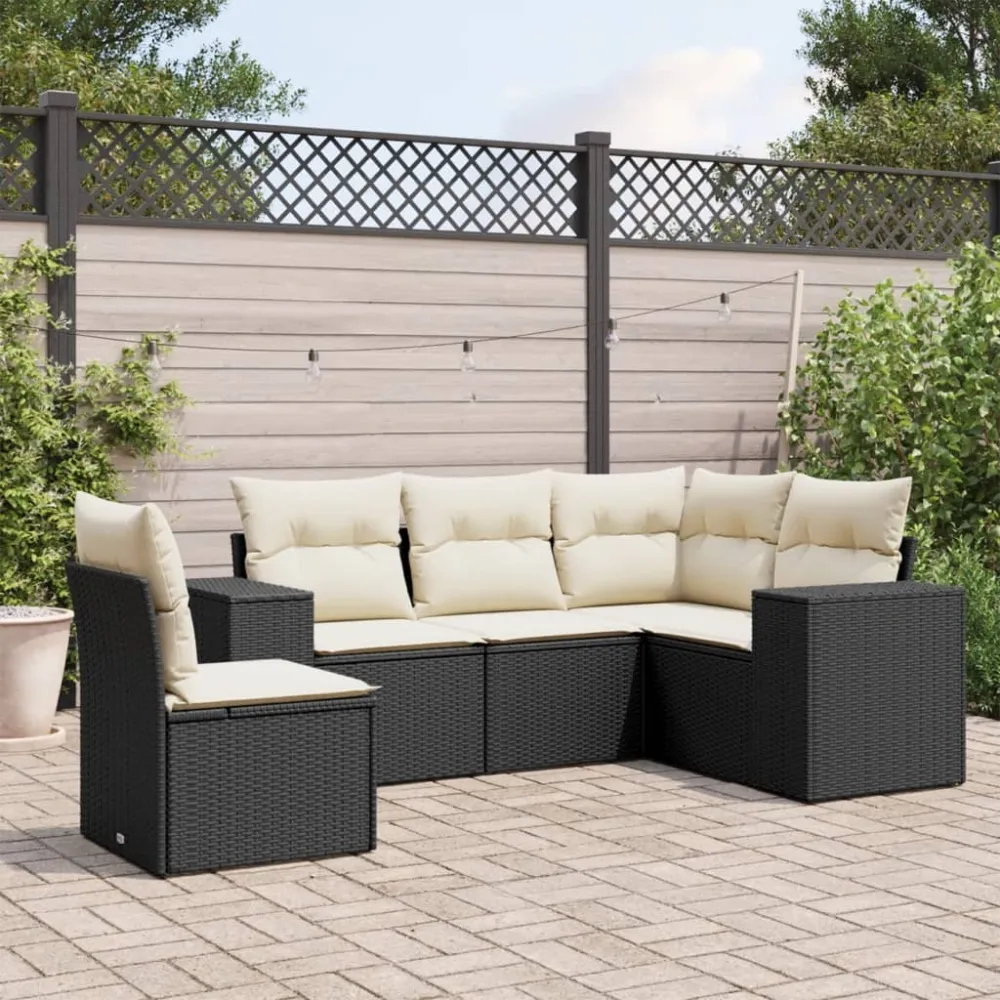 5-delige Loungeset met kussens poly rattan zwart vidaXL