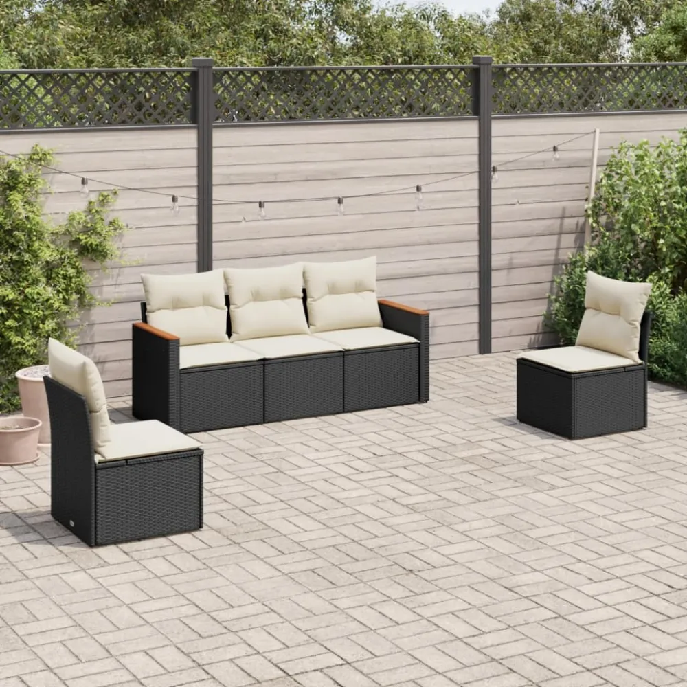 5-delige Loungeset met kussens poly rattan zwart vidaXL