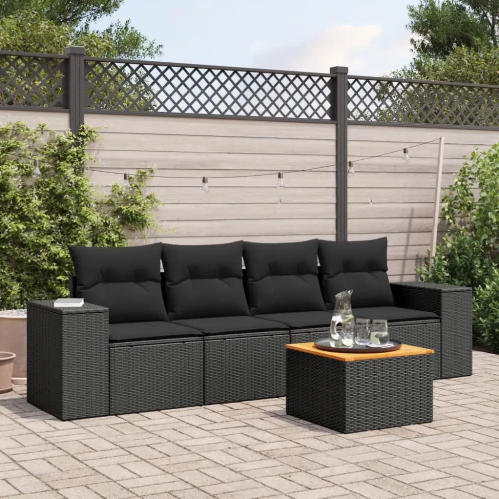 5-delige Loungeset met kussens poly rattan zwart vidaXL