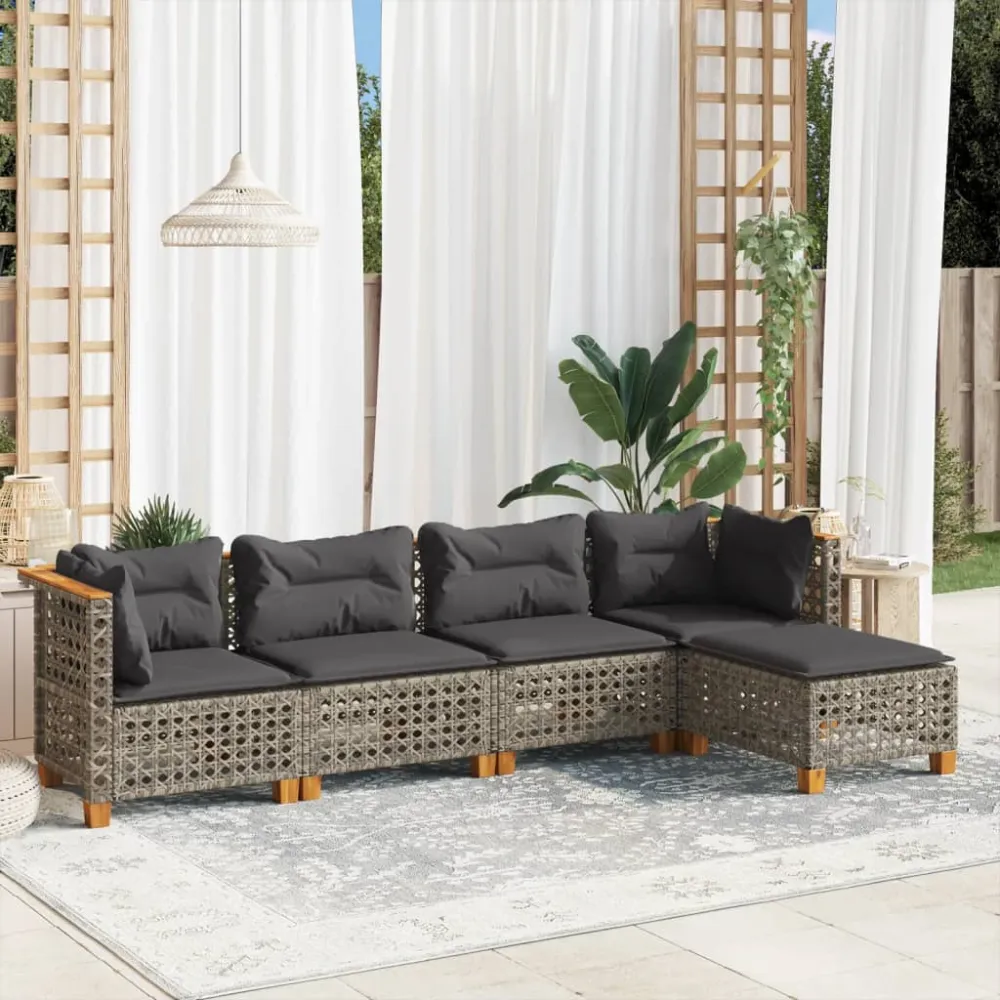 5-delige Loungeset met kussens poly rattan grijs vidaXL