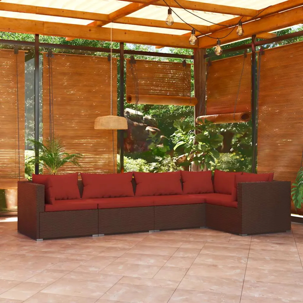 5-delige Loungeset met kussens poly rattan bruin vidaXL