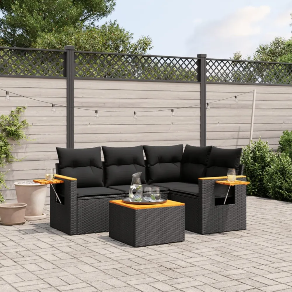 5-delige Loungeset met kussens poly rattan zwart vidaXL