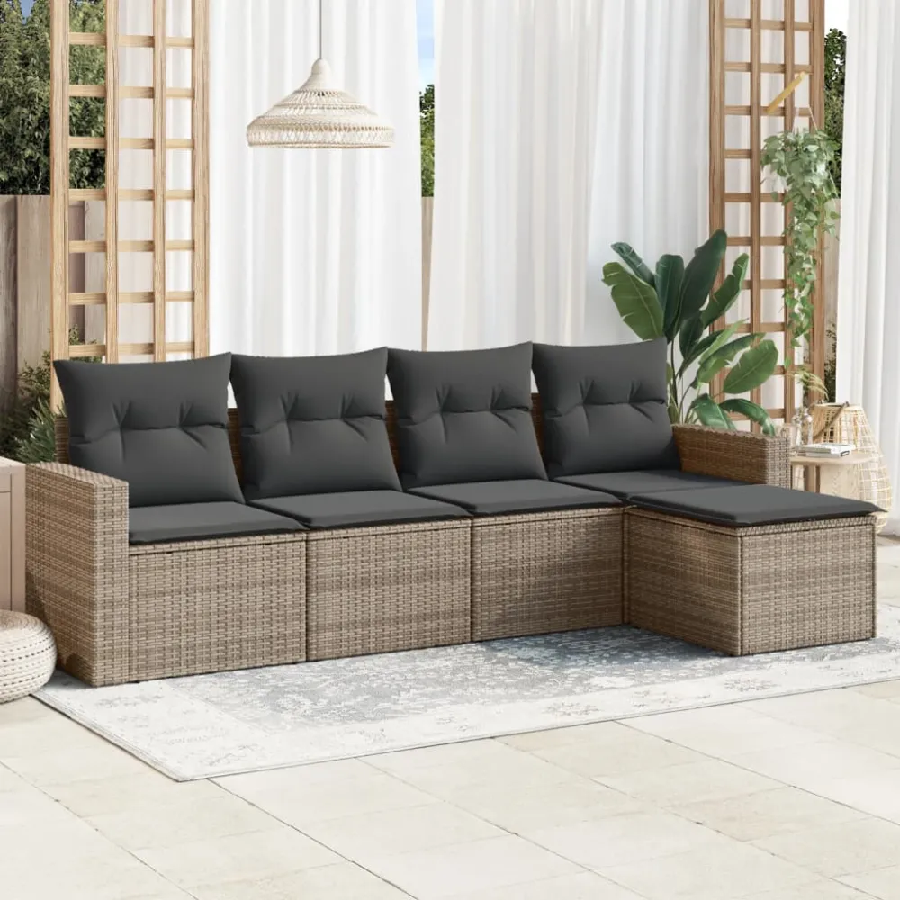 5-delige Loungeset met kussens poly rattan grijs vidaXL