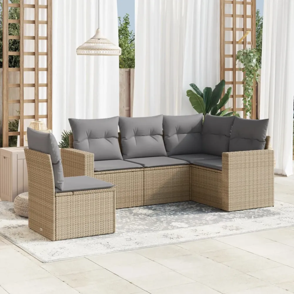 5-delige Loungeset met kussens poly rattan beige vidaXL