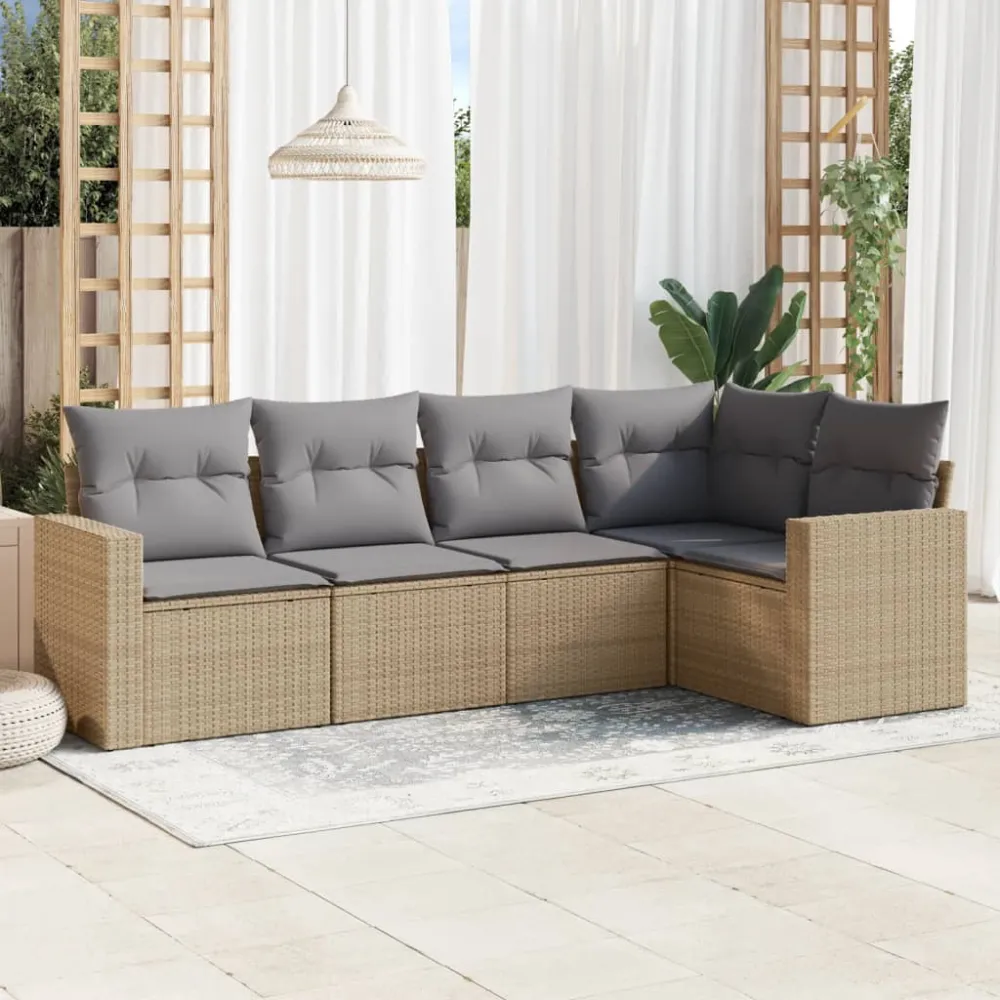 5-delige Loungeset met kussens poly rattan beige vidaXL