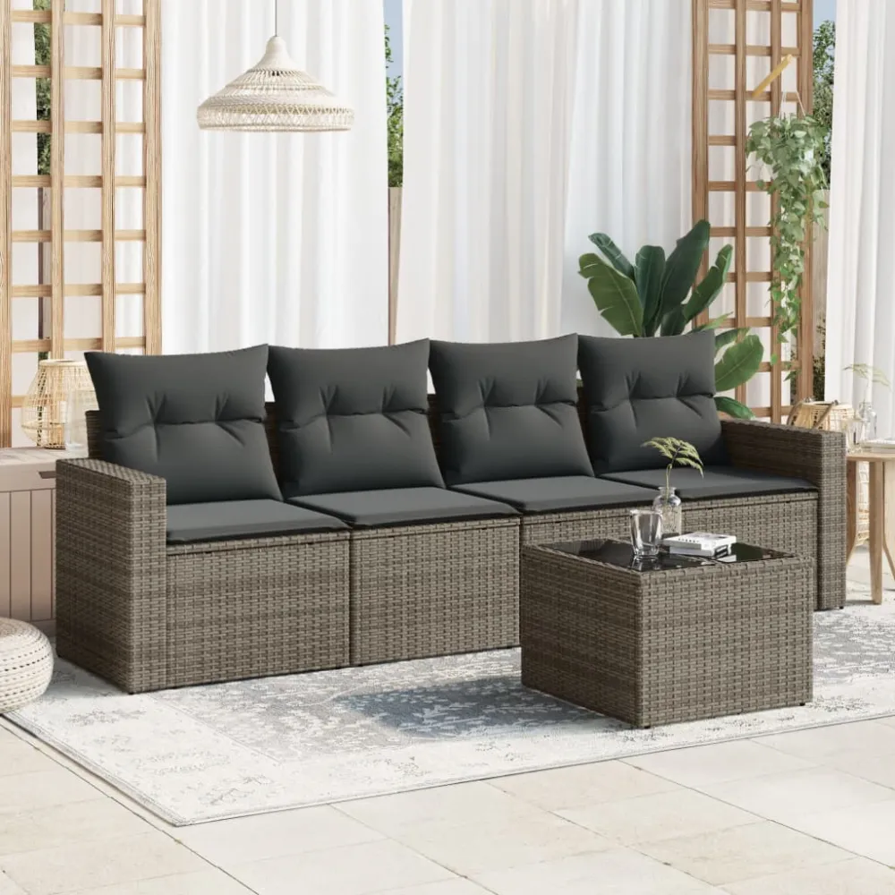 5-delige Loungeset met kussens poly rattan grijs vidaXL
