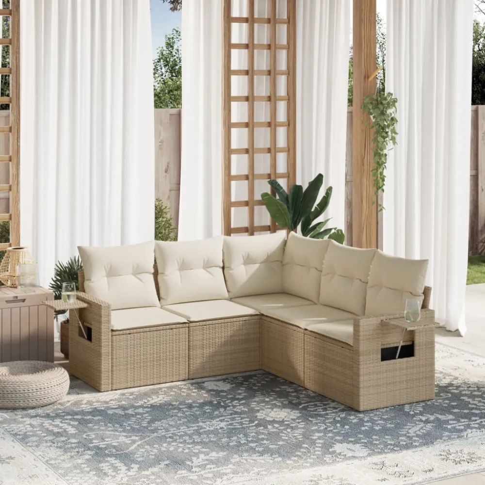 5-delige Loungeset met kussens poly rattan beige vidaXL
