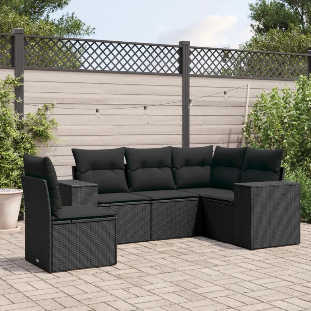 5-delige Loungeset met kussens poly rattan zwart vidaXL