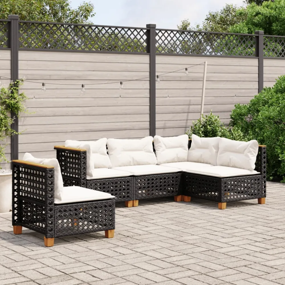 5-delige Loungeset met kussens poly rattan zwart vidaXL