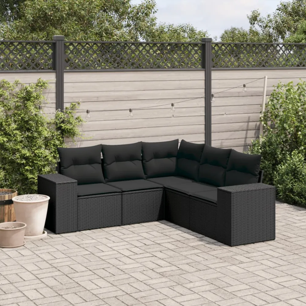 5-delige Loungeset met kussens poly rattan zwart vidaXL