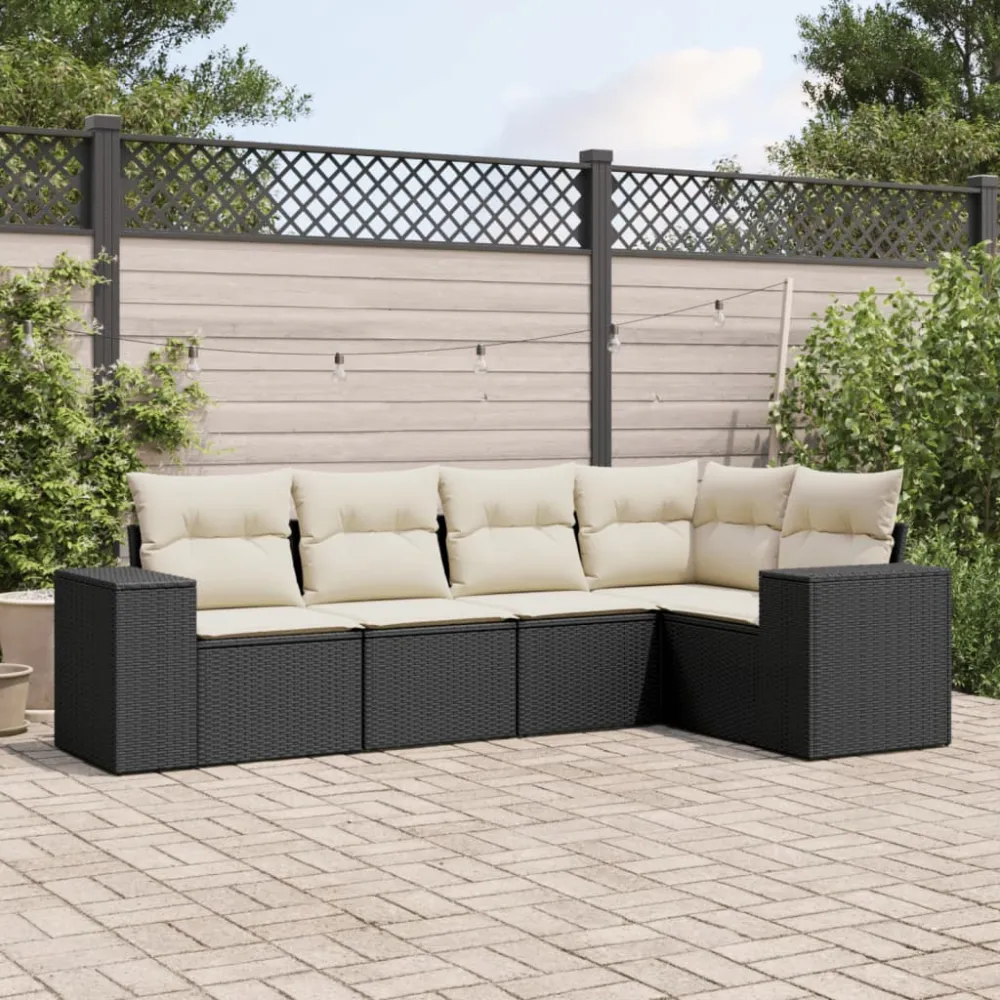 5-delige Loungeset met kussens poly rattan zwart vidaXL