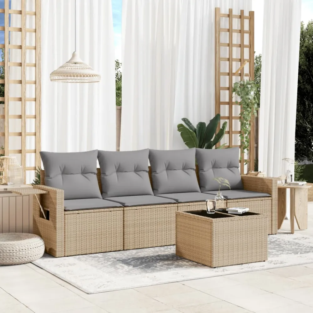 5-delige Loungeset met kussens poly rattan beige vidaXL