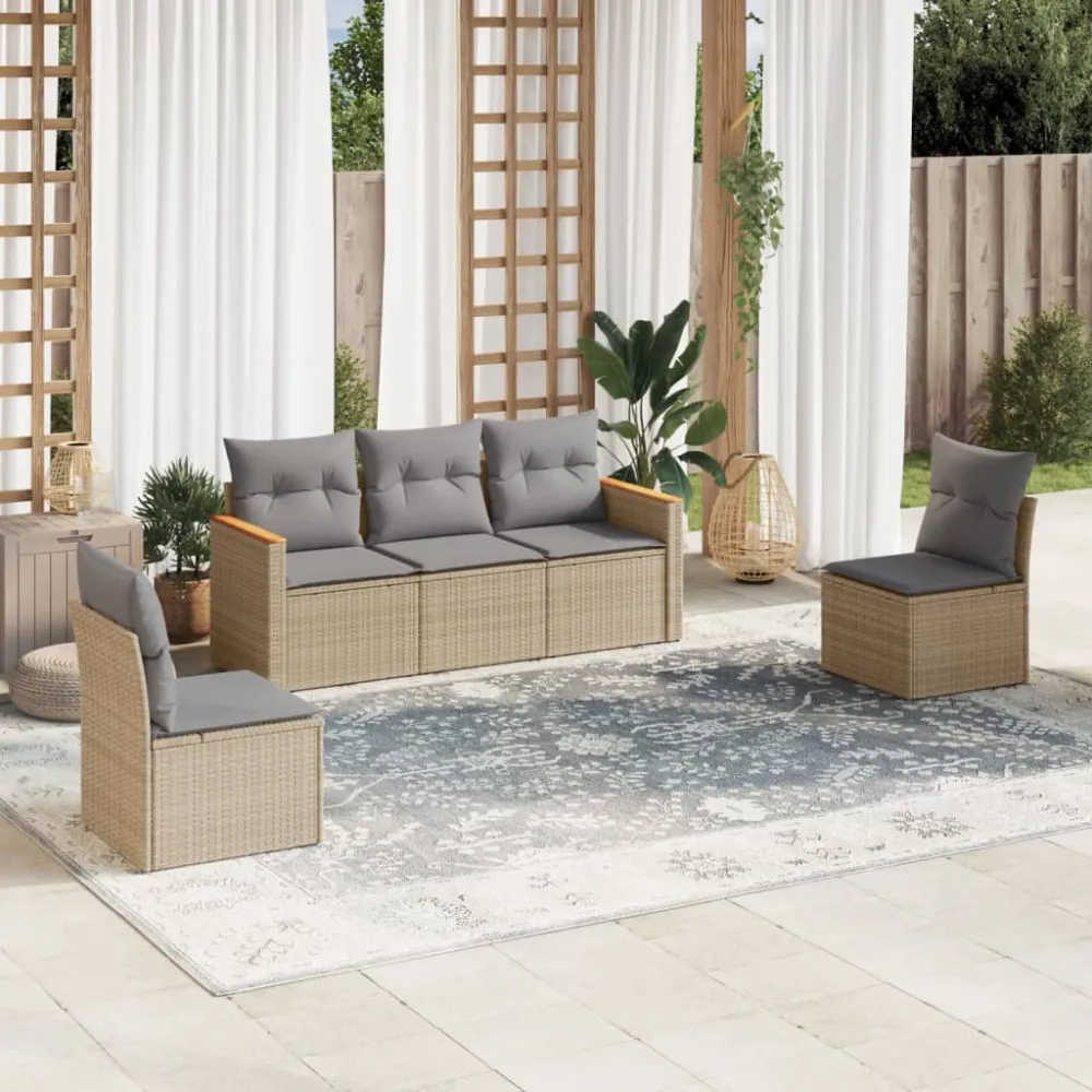 5-delige Loungeset met kussens poly rattan gemengd beige vidaXL