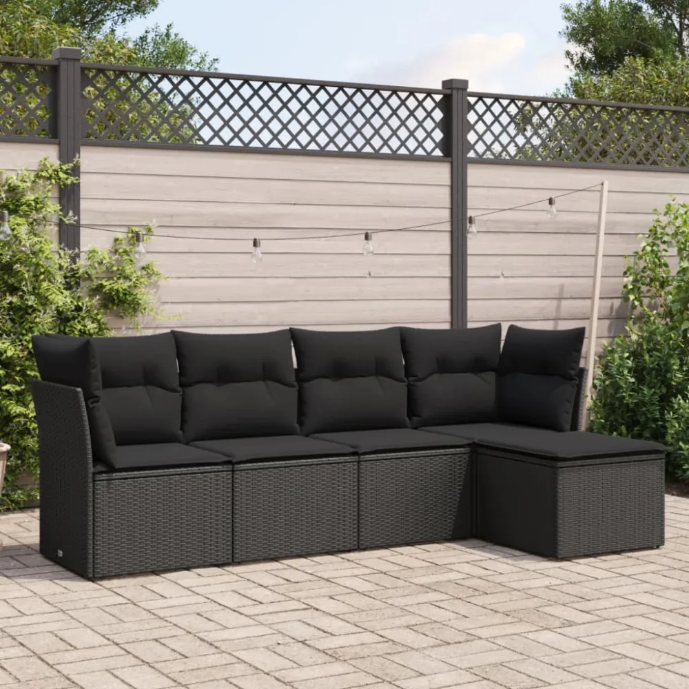 5-delige Loungeset met kussens poly rattan zwart vidaXL