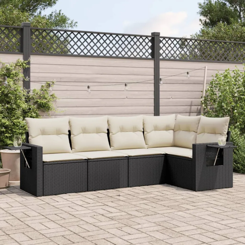 5-delige Loungeset met kussens poly rattan zwart vidaXL