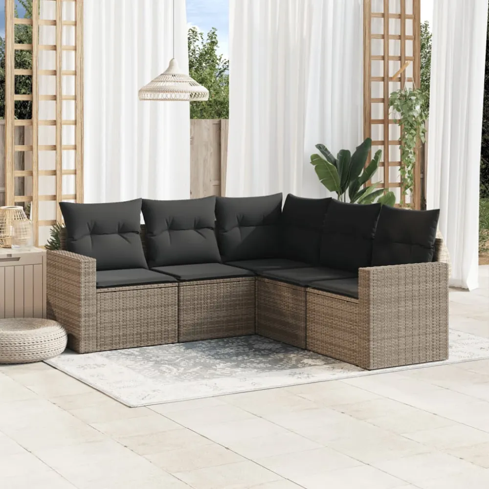 5-delige Loungeset met kussens poly rattan grijs vidaXL