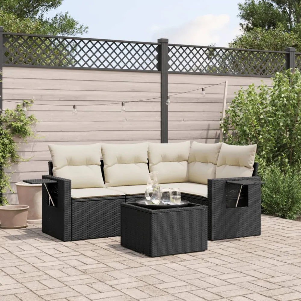5-delige Loungeset met kussens poly rattan zwart vidaXL