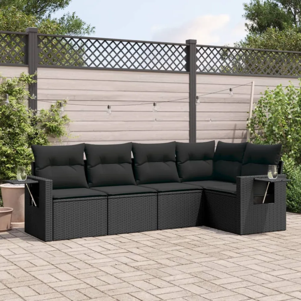 5-delige Loungeset met kussens poly rattan zwart vidaXL