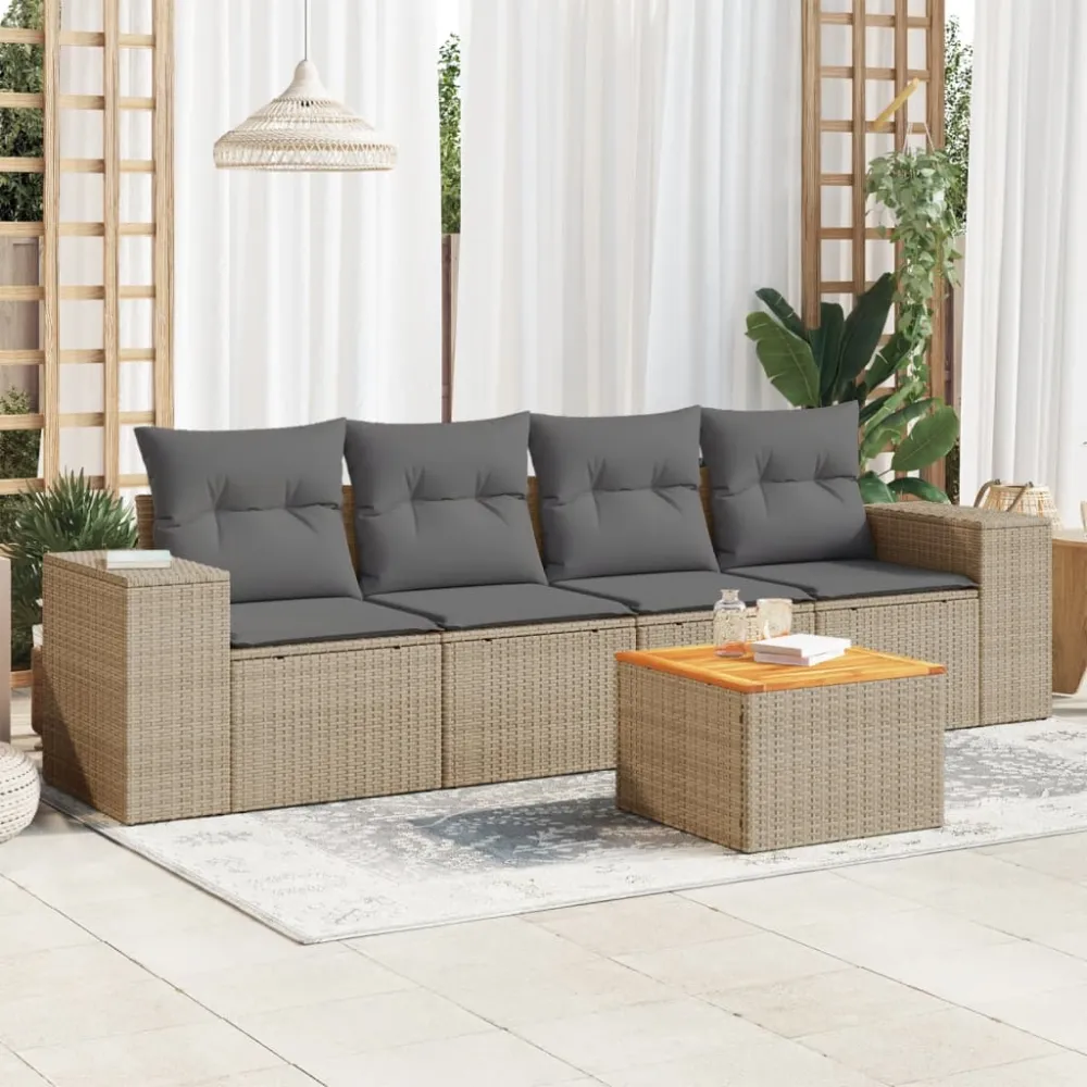 5-delige Loungeset met kussens poly rattan beige vidaXL