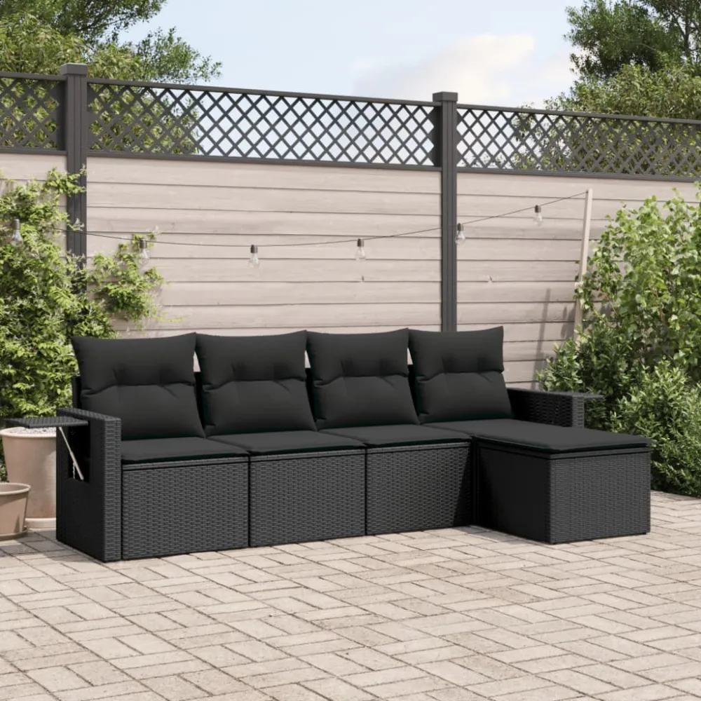 5-delige Loungeset met kussens poly rattan zwart vidaXL