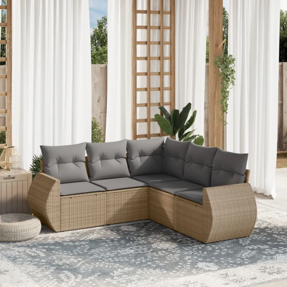 5-delige Loungeset met kussens poly rattan beige vidaXL