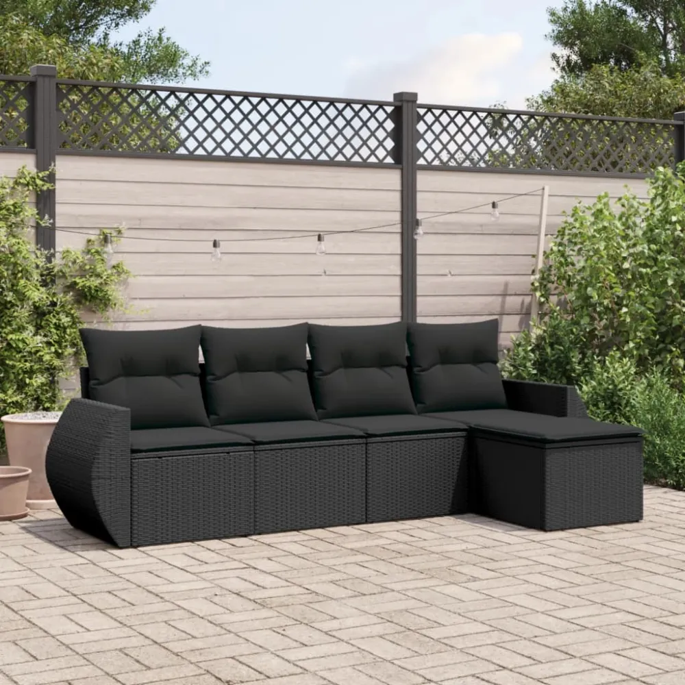 5-delige Loungeset met kussens poly rattan zwart vidaXL