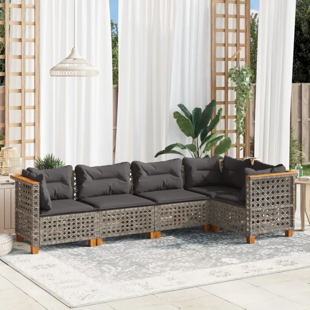 5-delige Loungeset met kussens poly rattan grijs vidaXL