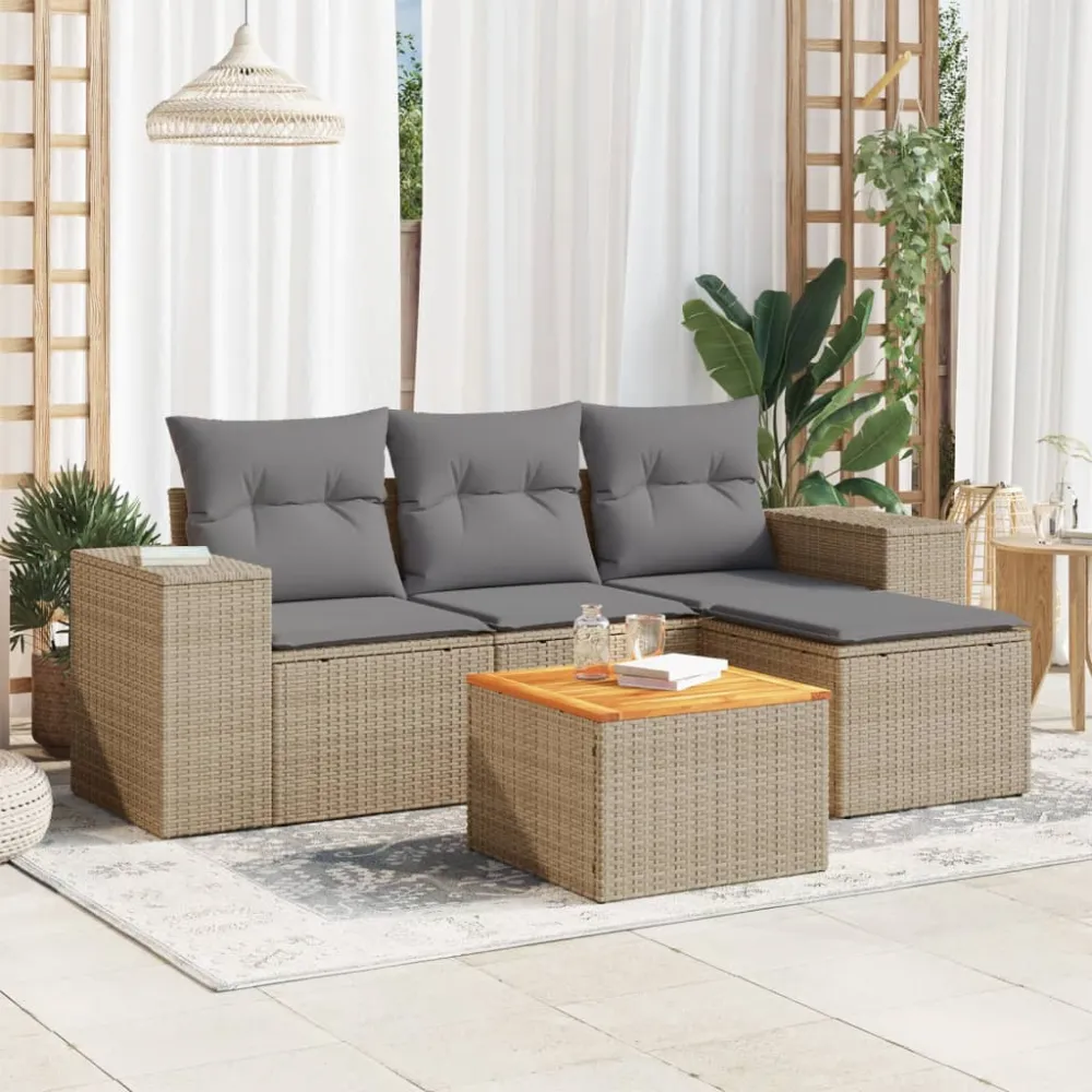 5-delige Loungeset met kussens poly rattan beige vidaXL