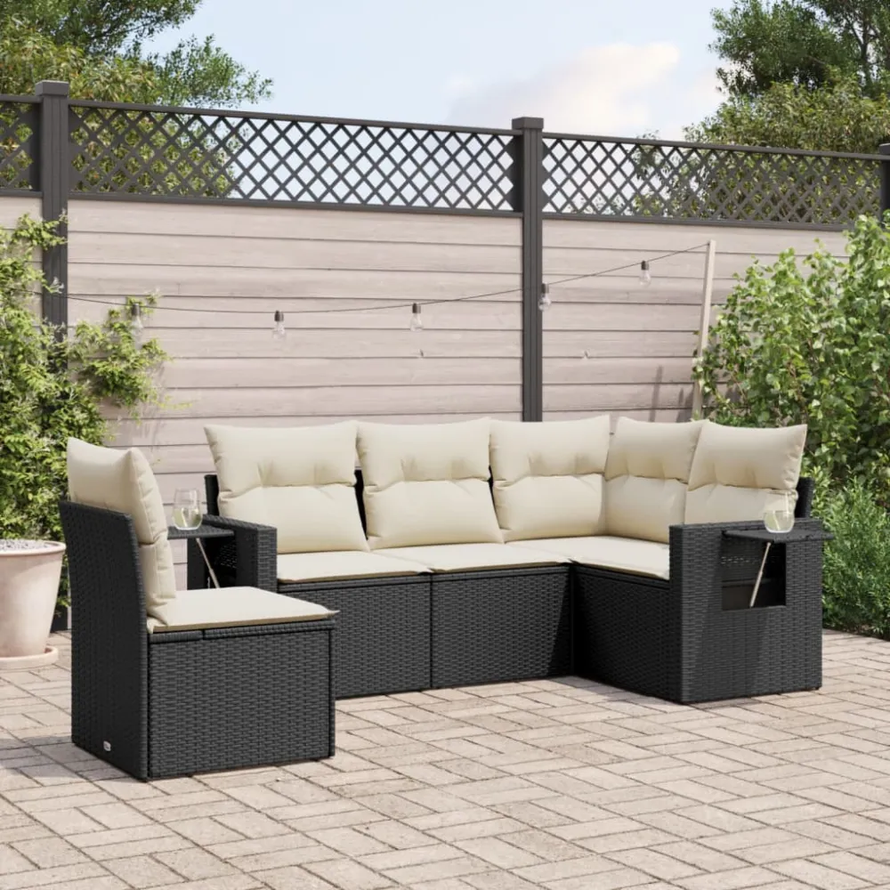 5-delige Loungeset met kussens poly rattan zwart vidaXL
