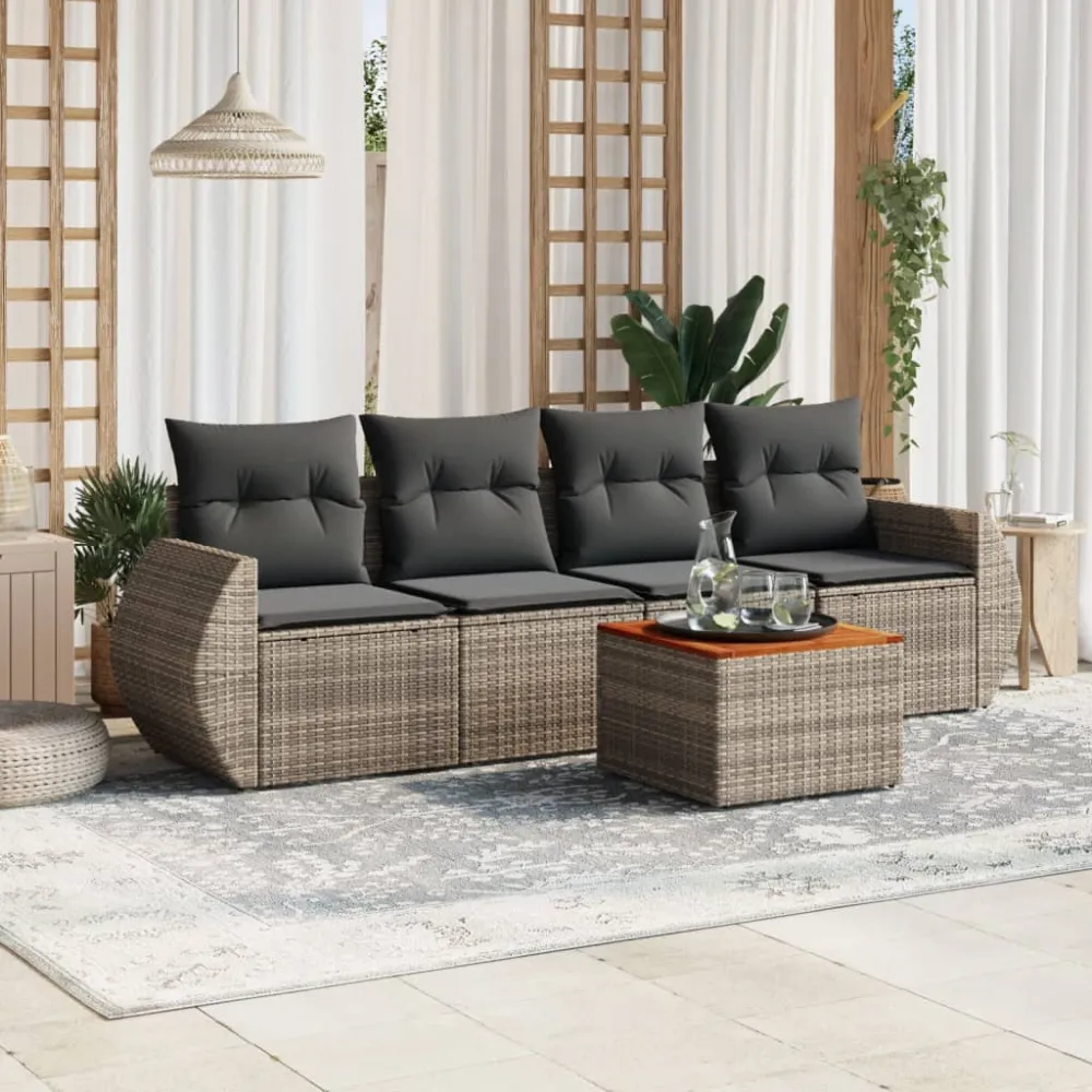 5-delige Loungeset met kussens poly rattan grijs vidaXL