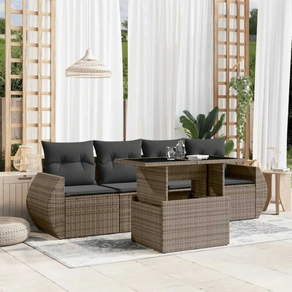 5-delige Loungeset met kussens poly rattan grijs vidaXL