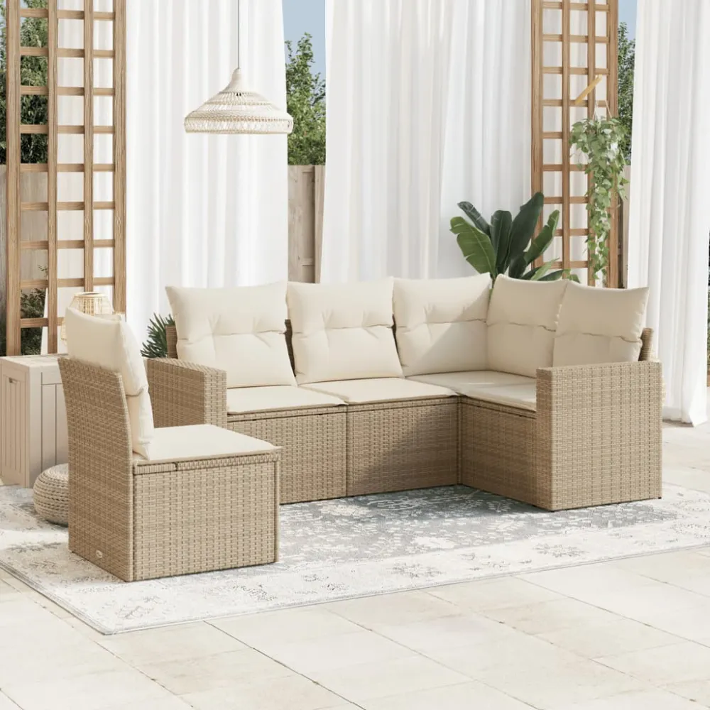 5-delige Loungeset met kussens poly rattan beige vidaXL