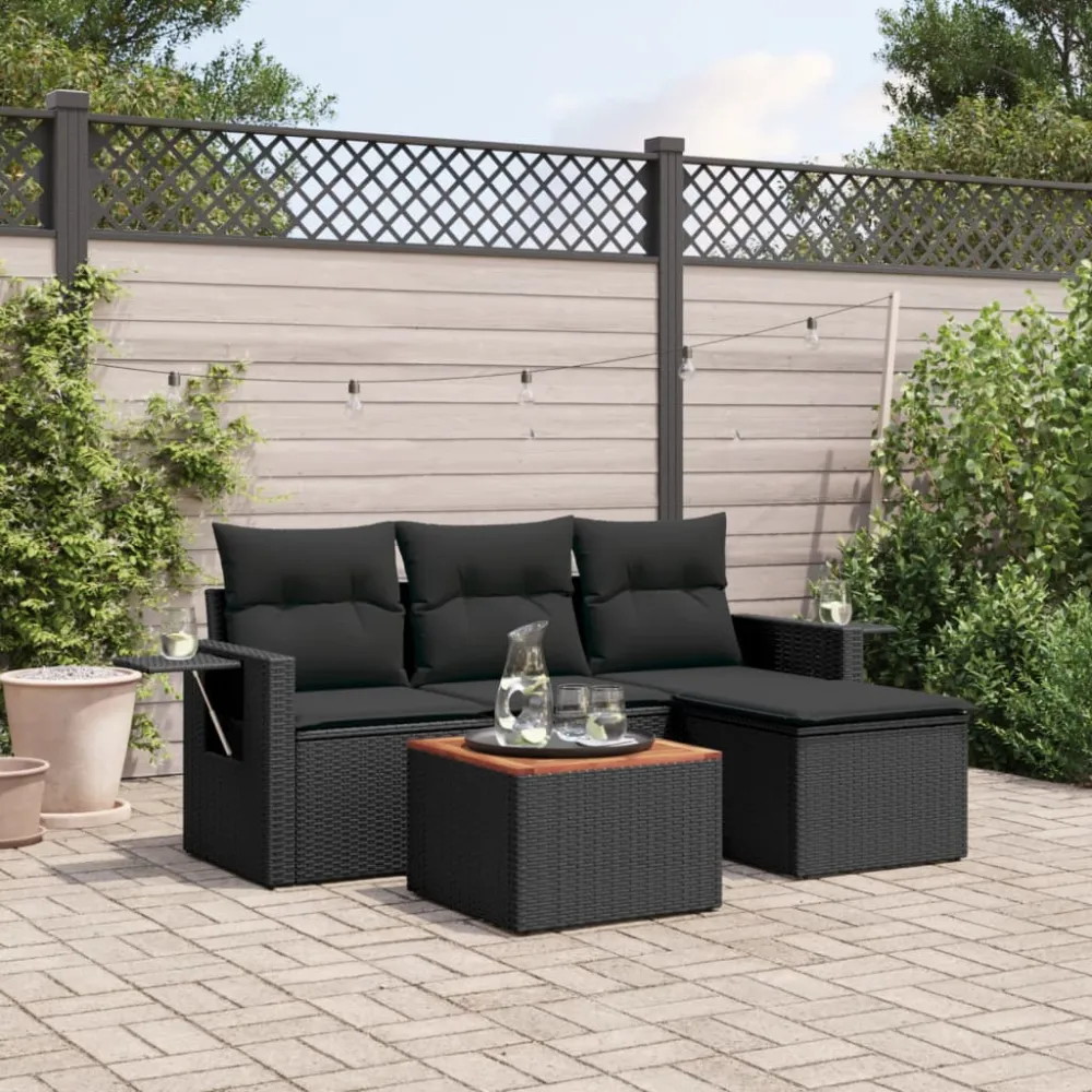 5-delige Loungeset met kussens poly rattan zwart vidaXL